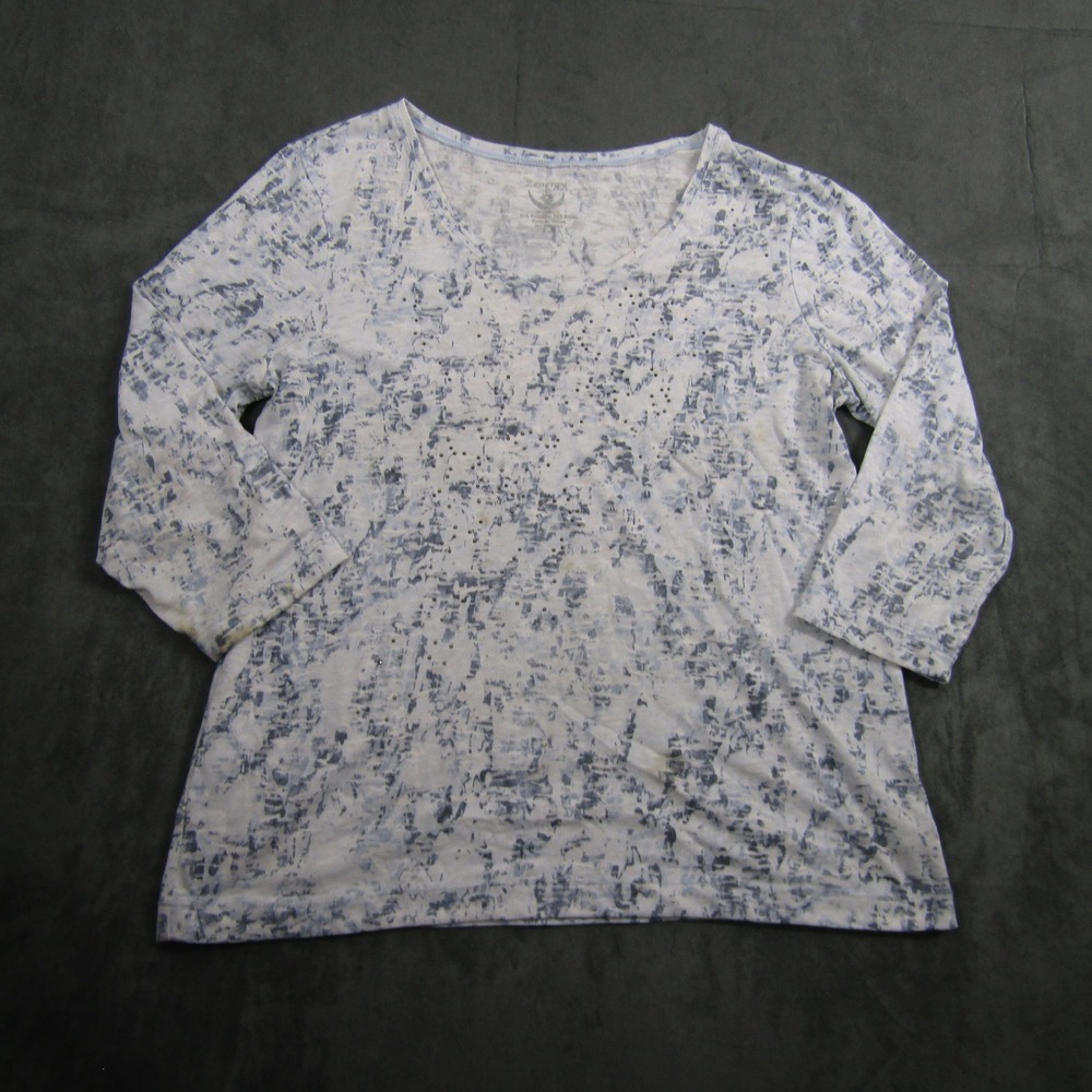 Zenergy Top Women Size 2 Blue White V-Neck 3/4 Sleeve Rhinestone Abstract 00880